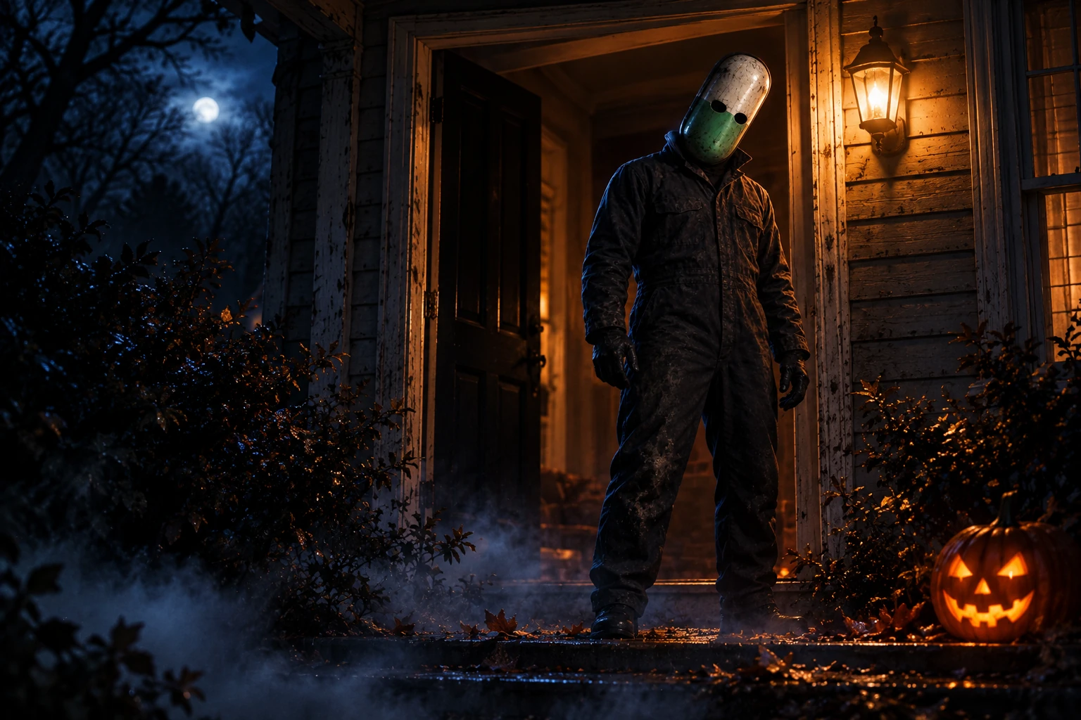 The same capsule-masked visitor stands silently in an old doorway beside an amber lantern and a glowing jack-o'-lantern.
